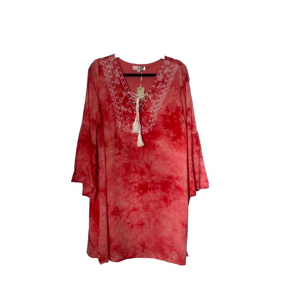 Entro Tunic Dress Size L Red Tie-Dye Bell Sleeve V-Neck Embroidered Tassel Tie